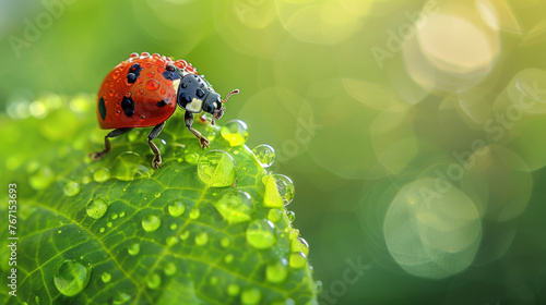 Macro shot of a vivid red ladybug on a green leaf with sparkling morning dew.
