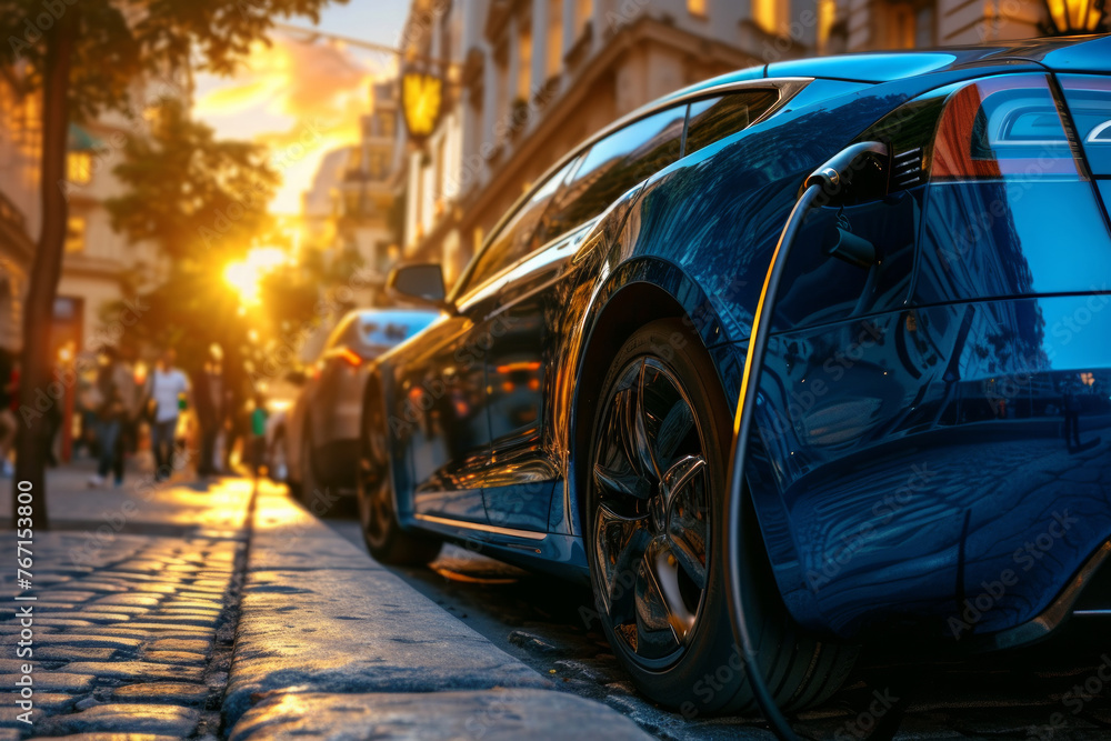 A blue electric car is charging on a city street. The car is parked in front of a building with a yellow sign on it. The scene is set in the evening, with the sun setting in the background A blue electric car is charging on a city street. The car is parked in front of a building with a yellow sign on it. The scene is set in the evening, with the sun setting in the background
