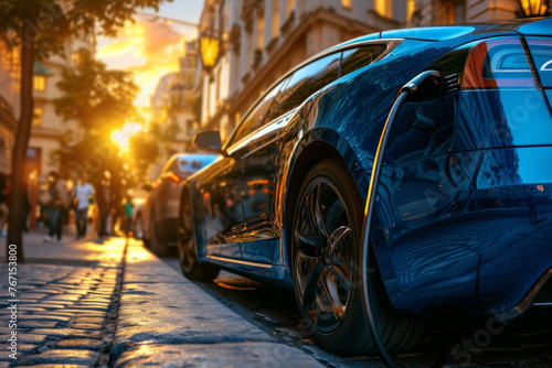 A blue electric car is charging on a city street. The car is parked in front of a building with a yellow sign on it. The scene is set in the evening, with the sun setting in the background photo