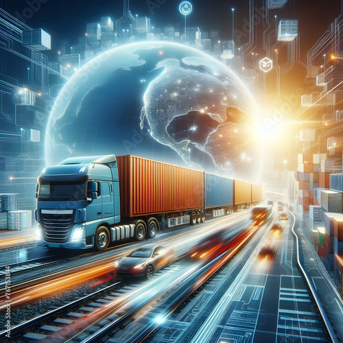 Photo real for Intermodal Freight Transport with Rail and Truck in Digital innovation abstract theme ,Full depth of field, clean bright tone, high quality ,include copy space, No noise, creative idea