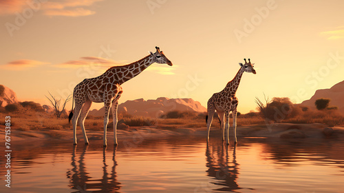 A pair of giraffes gracefully bending their necks to drink from a crystal-clear watering hole. photo