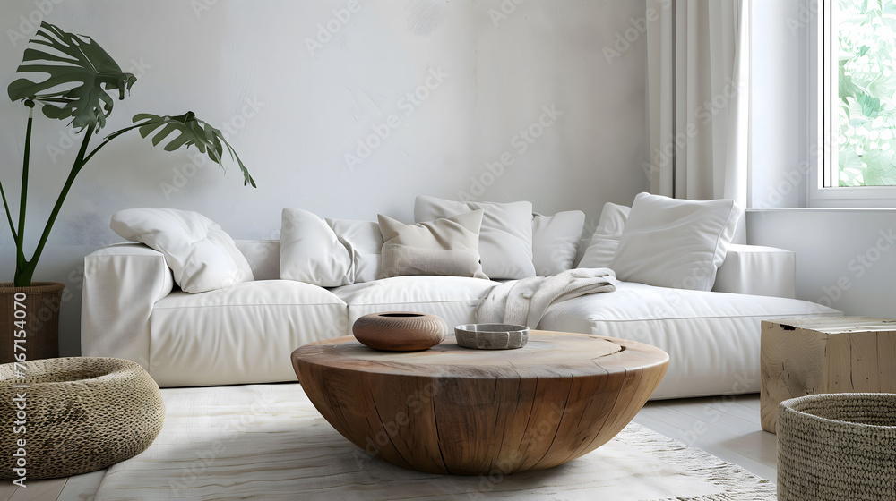 Stylish Ambiance: Contemporary Living Space Featuring a Round Wooden Table Focal Point