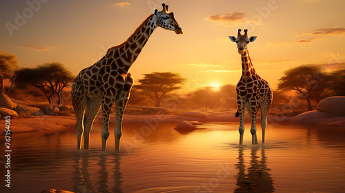 A pair of giraffes gracefully bending their necks to drink from a crystal-clear watering hole.