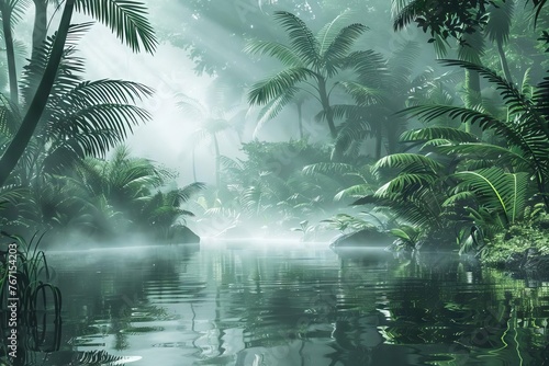 Mysterious foggy jungle forest with dense vegetation  exotic oasis landscape  digital 3D illustration
