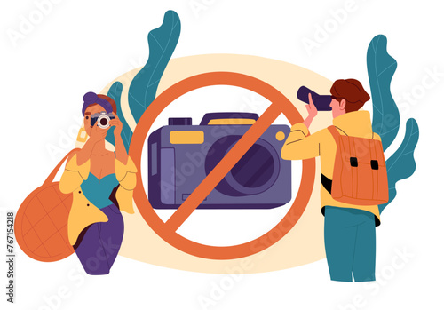 Photo ban concept. Man and woman with camera near signboard. Private property and stop for paparazzi and photographers, journalists. Cartoon flat vector illustration isolated on white background