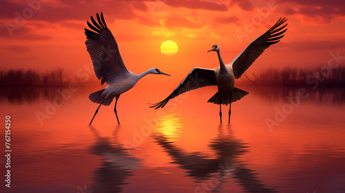 A pair of graceful cranes silhouetted against a vivid sunset sky  their wings outstretched.