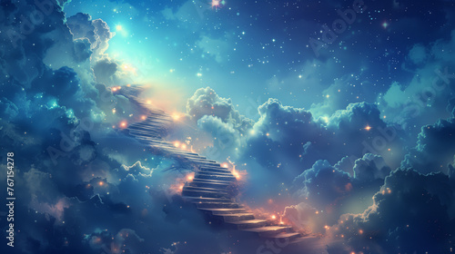  Stairway to Stardom  A celestial staircase winds through a dreamy nightscape  glowing with stardust and ethereal clouds against the twilight sky.