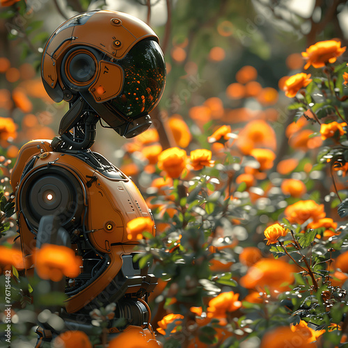 Human-like robot in the flower garden