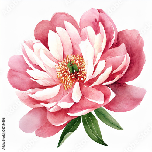 Watercolor illustration of pink peony flower isolated on white background. Spring season. Hand drawn