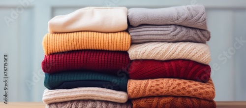 A stack of woolen sweaters in various tints and shades, including magenta and electric blue, are neatly arranged on a table. Each rectangle garment showcases a unique pattern and natural material