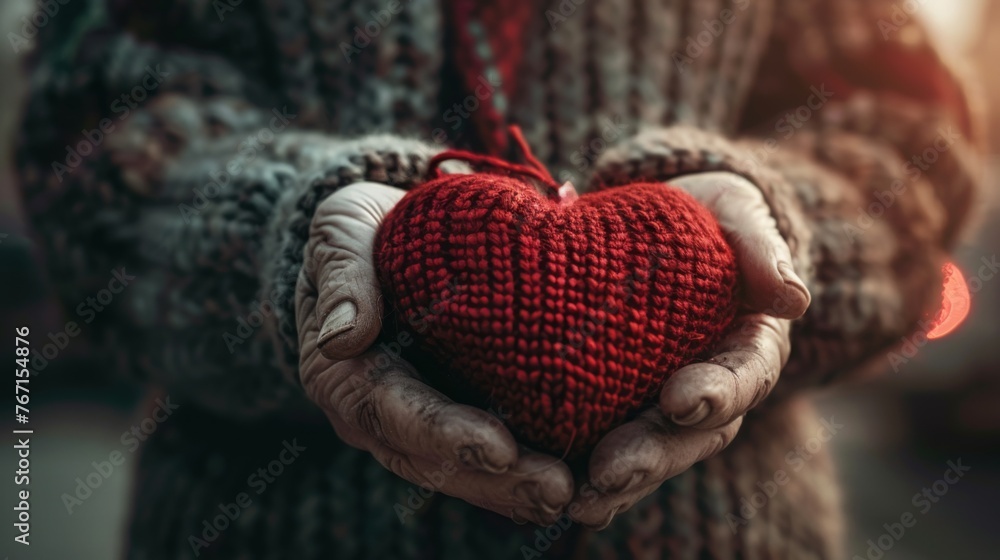 Close-up senior old hands hold knitted heart in hands in winter street. Share love with those who ne Close-up senior old hands hold knitted heart in hands in winter street. Share love with those who ne