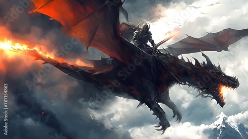 Fearsome Fire-Breathing Dragon with Armored Knight Atop Soaring Through Stormy Skies