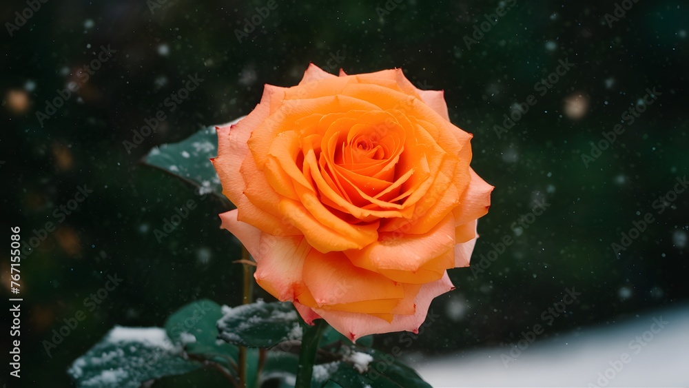 Contrast of orange rose against fake snow on dark backdrop Contrast of orange rose against fake snow on dark backdrop