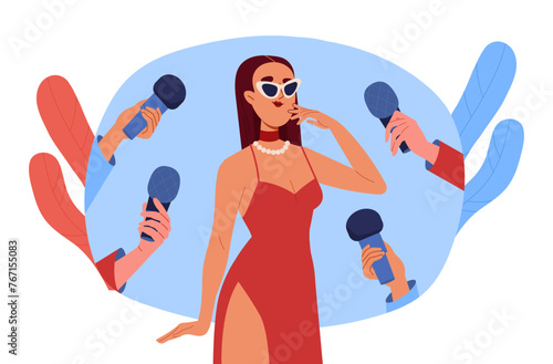 Popular woman concept. Girl in red dress with microphones. Celebrity with journalists give interview. Attractive star with paparazzi. Cartoon flat vector illustration isolated on white background