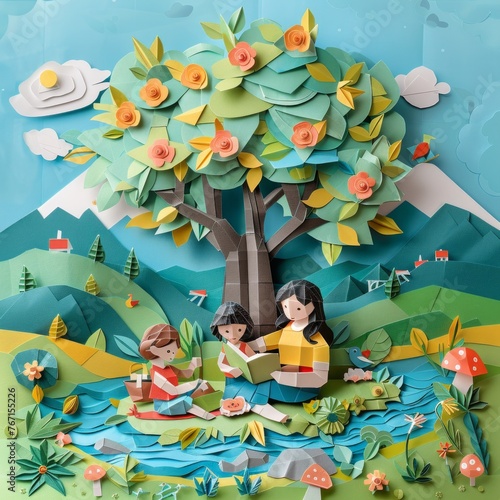 Origami Paper Town: Mother and Child Reading Under Tree