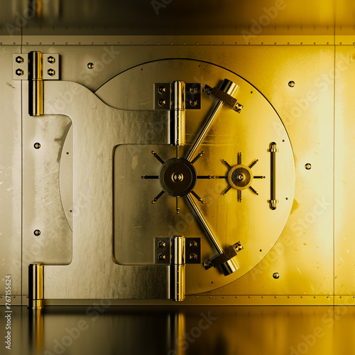 Close-up View of Impenetrable Gold Vault Door Emphasizing Wealth Security
