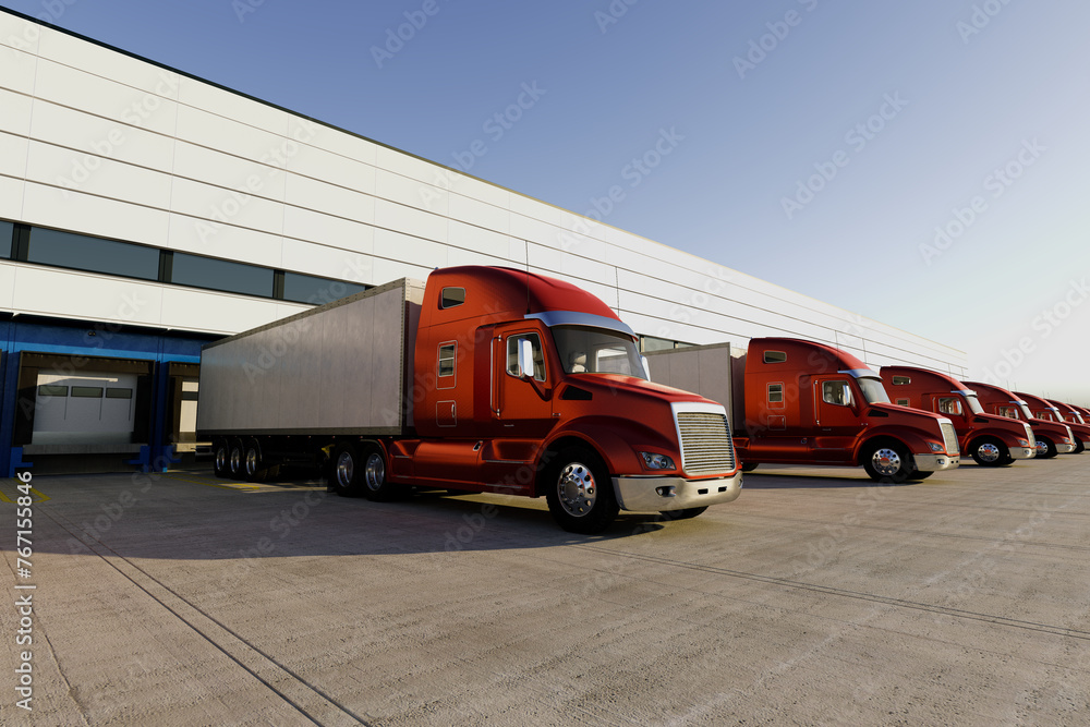 Fleet of Red Semi Trucks Lined Up at Loading Dock Under Clear Blue Sky