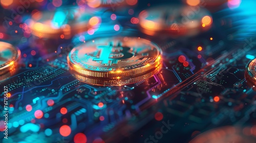 Bitcoin Cryptocurrency on Circuit Board Background © Diko