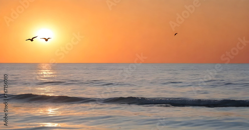 ocean coastline and birds gliding, flying at sunset, evening elegance, coastal sunset with birds soaring across the sky 