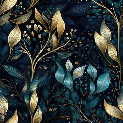 abstract pattern with blue and golden leaves on black background, in the style of dark teal and light gold, exotic, soft-edged, nature, eye-catching generative AI