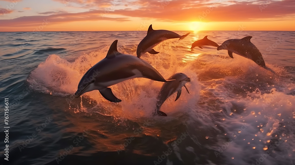 A playful group of dolphins leaping joyfully through the sparkling waves of the ocean.
