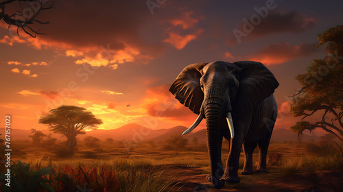 A regal African elephant raising its trunk in a gesture of greeting against a vivid sunset. © Ansar