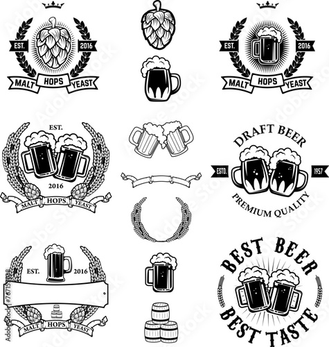 Set of labels templates with beer mug isolated on white background.  Design element for logo, label, emblem, sign. Vector illustration.