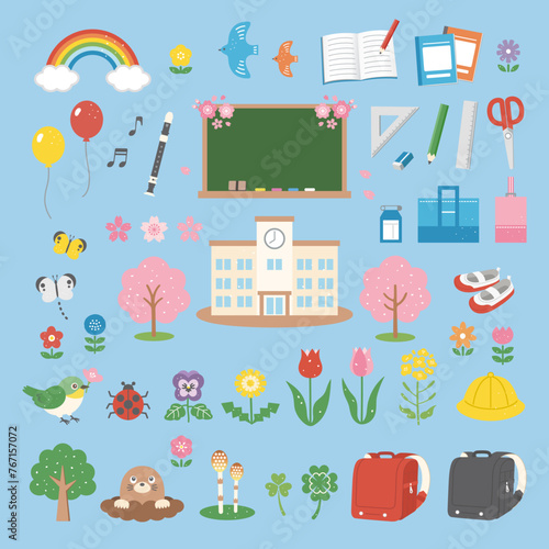 春の花と入学式のイラストセット