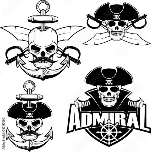 Set of pirate skulls. Admiral logo. Skull on anchor with two cross swords. Design elements for logo, label, badge. Vector illustrations.