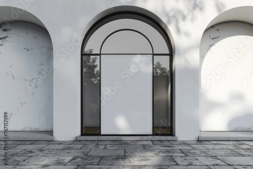 Arched blank store sign on a white building facade photo