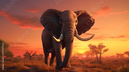 A regal African elephant raising its trunk in a gesture of greeting against a vivid sunset.