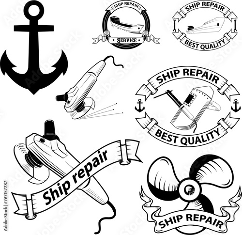 ship repear labels.design set in vector.Ship repair emblems, badges and design elements.