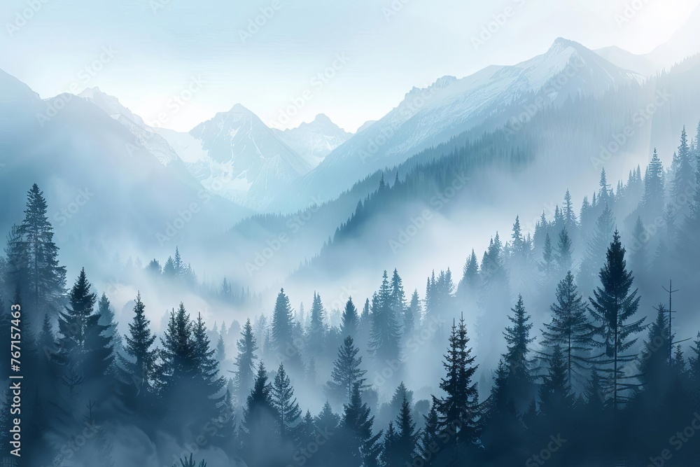 Serene misty mountain landscape with pine trees, tranquil nature scenery concept illustration Serene misty mountain landscape with pine trees, tranquil nature scenery concept illustration