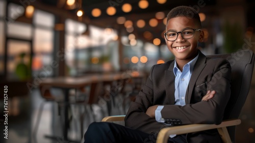 African-American kid dressed as a business man sitting in office chair. Teenager smiling sitting in 