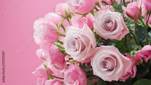 Delicate pink background with blooming roses in close up view