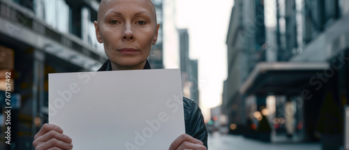 bald woman holding blank poster