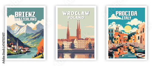 Brienz, Wroclaw, Procida Illustration Art. Travel Poster Wall Art. Minimalist Vector art