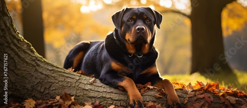 A Rottweiler, a carnivorous terrestrial animal and breed of the Canidae family, is resting on a tree branch in the woods. Known as a companion dog, it belongs to the Working Group photo