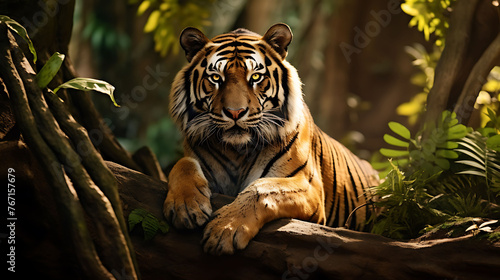 A regal Bengal tiger resting in the dappled shade of an ancient Indian jungle. © Ansar