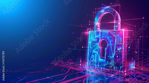 Electronic circuit futuristic neon padlock. Copy paste empty place for text. Cyber, personal data, p