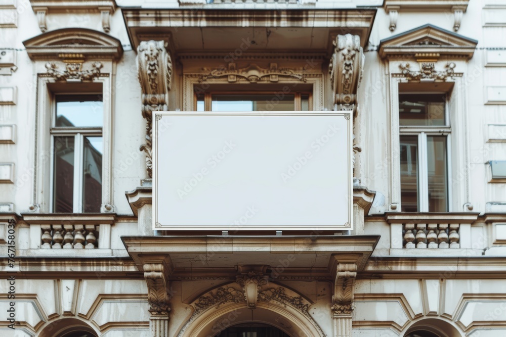 Blank store sign on a classic building facade
