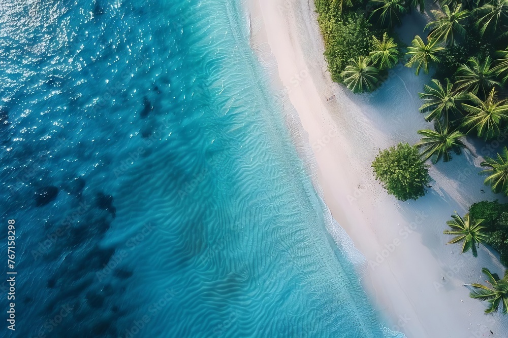 Tropical paradise beach with turquoise water, white sand, and palm trees, aerial drone photography