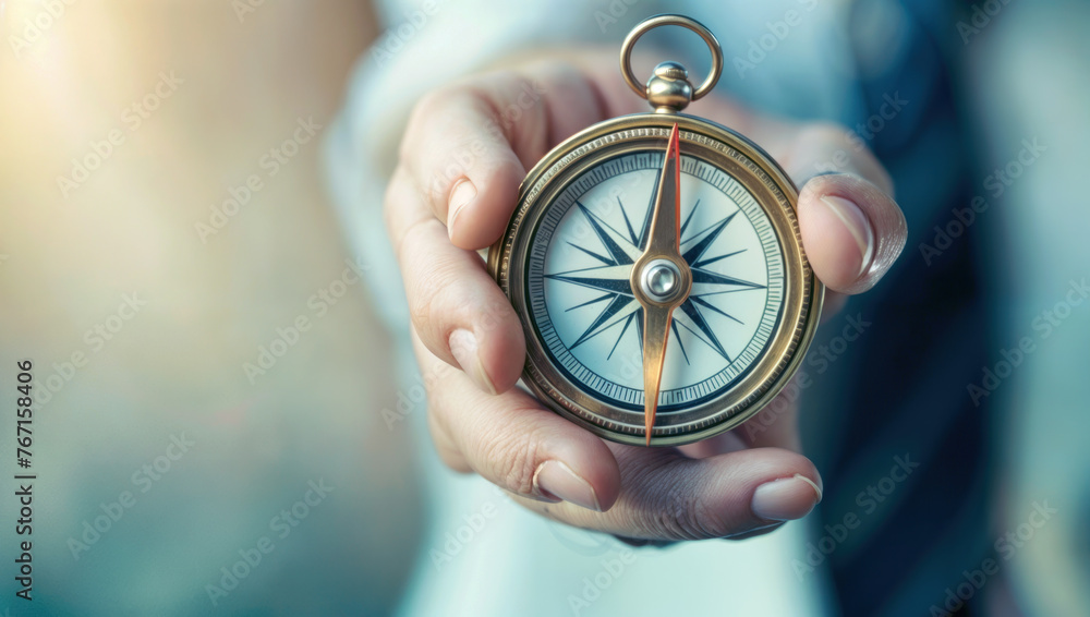 Leading the way. Businessman holding a compass pointing towards success in digital management, global marketing strategies, and future business navigation Leading the way. Businessman holding a compass pointing towards success in digital management, global marketing strategies, and future business navigation