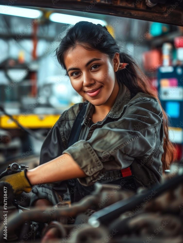 /imagine prompt: Auto Mechanic, A competent woman repairing a car engine, Auto repair garage background, woman, diversity 