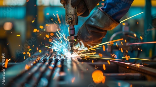 Close-up of industrial worker welding metal with sparks flying around, wearing protective gear in a manufacturing plant. photo