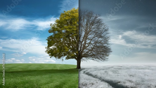 Digital Four season change concept with tree against summer winter sky