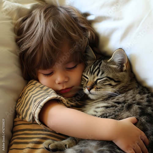 Child sleeping with pet cat in cozy bed