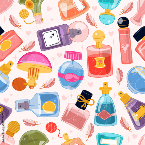 Perfume flasks seamless pattern. Different design spray bottles. Repeated perfumery print. Toilet water and colognes vials. Beauty products. Aroma cosmetics. Recent vector background