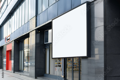 Blank store sign on modern building exterior at a dutch angle