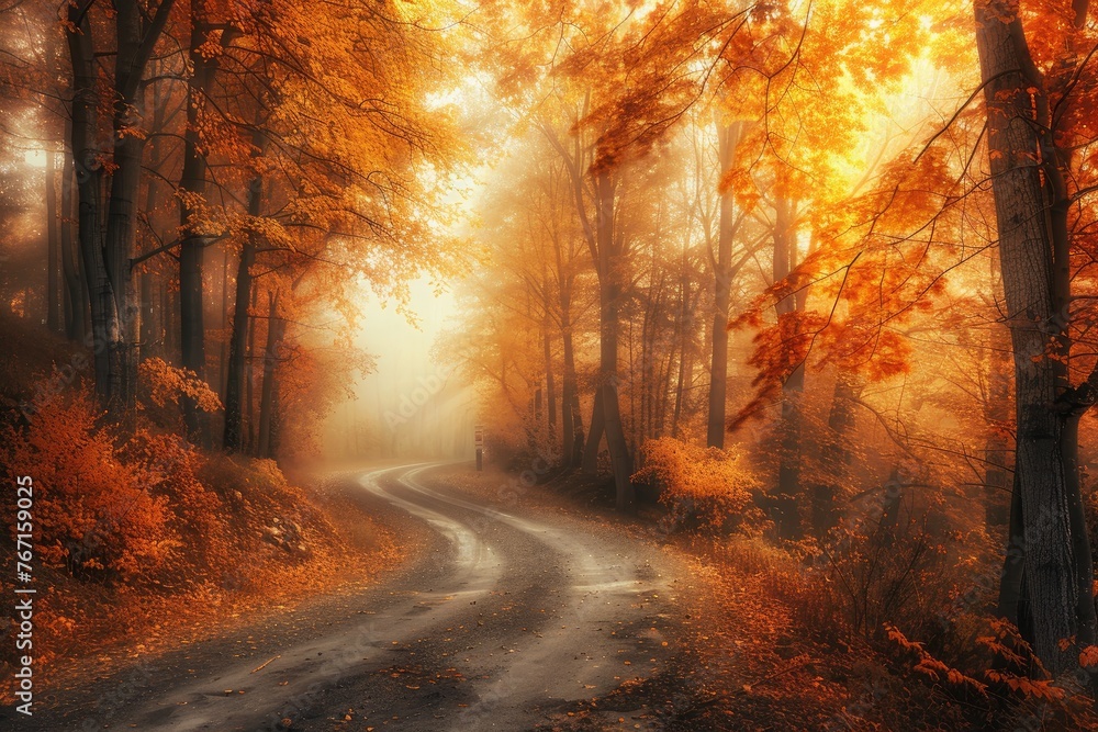Fototapeta premium A road with trees on both sides and leaves on the ground